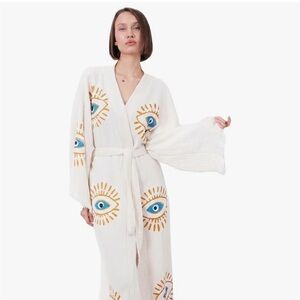 Bodho 100% Turkish Cotton Women's Eye Patterned Robe - White and Gold - NWOT